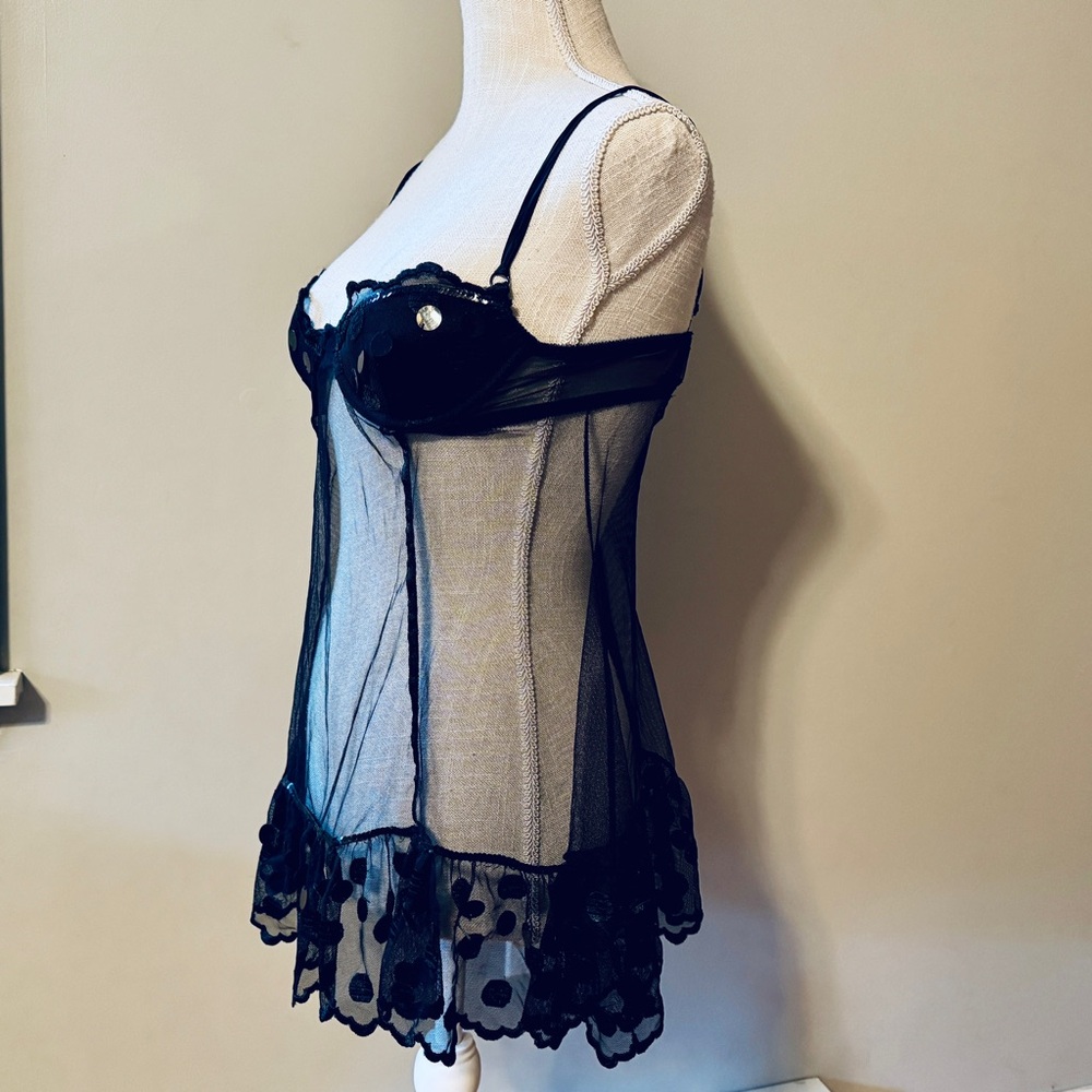 VS Baby Doll Lingerie Nightie Black Sheer Mesh Polka Dot Sequins S M Bra 34B - Picture 2 of 5